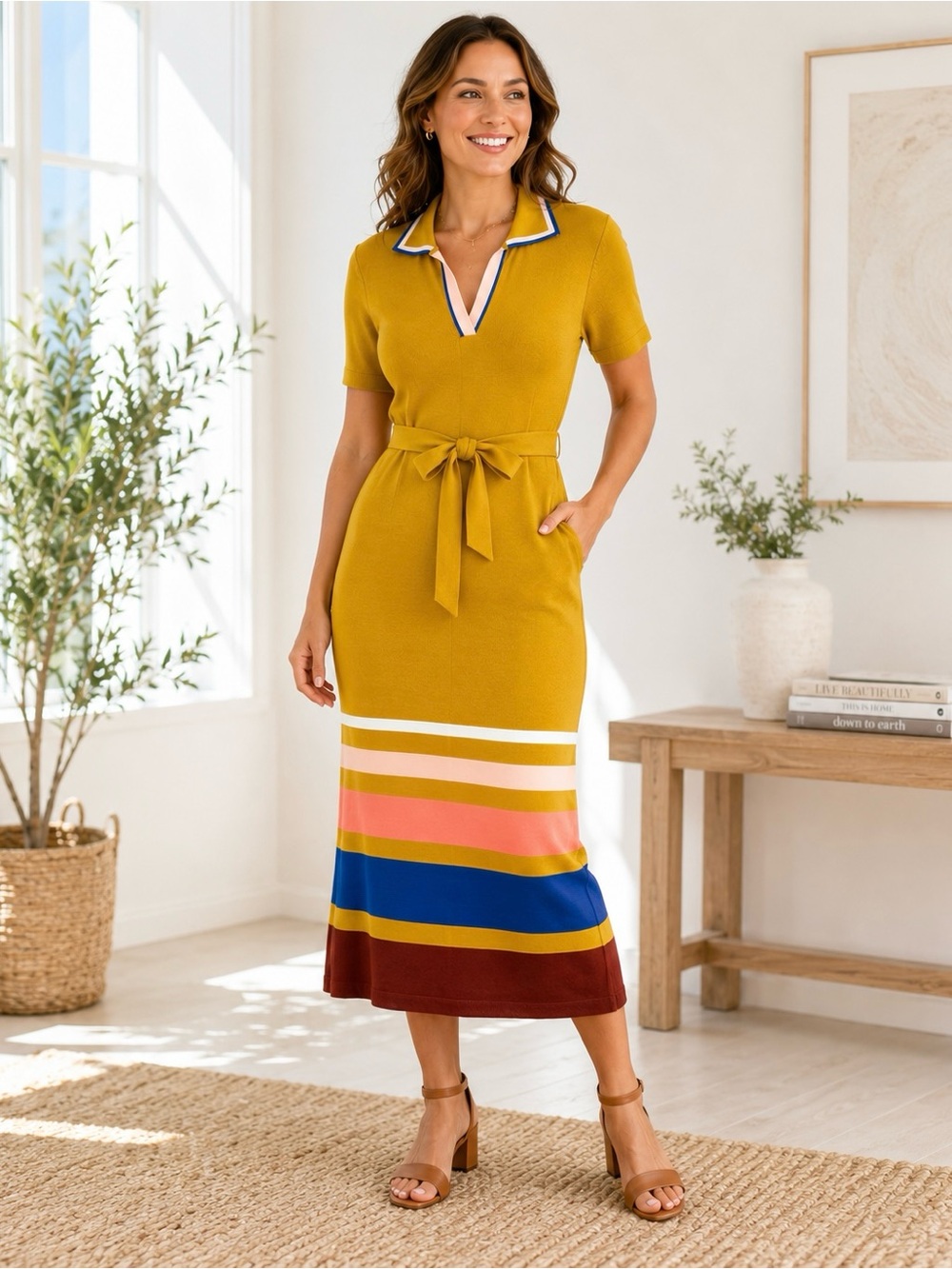 Eva Mendes New York & Company Striped Hem Belted Knit Polo Midi Dress Size XL